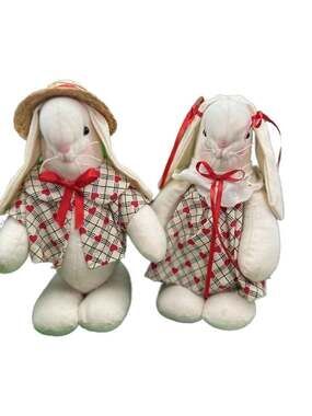 Vintage Pair of Handmade Muslin Bunny Rabbit Rag Dolls with Red Heart Outfits